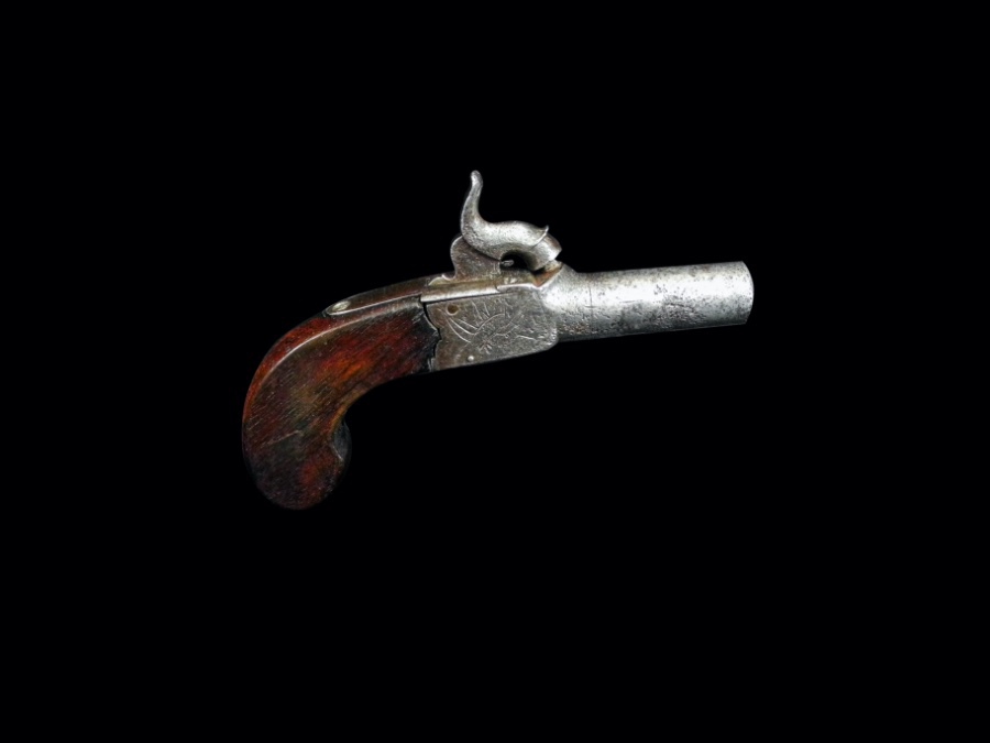A FINE PERCUSSION CAP POCKET BOX LOCK PISTOL WITH SCREW OFF BARREL AND CONCEALED TRIGGER