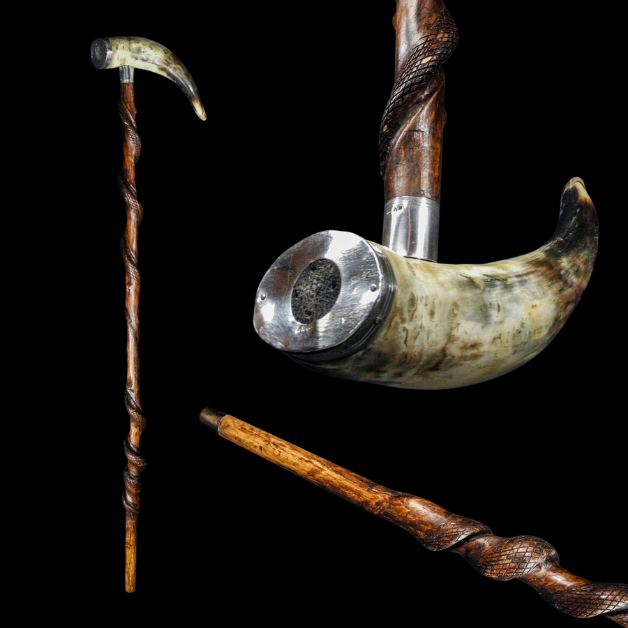 An Italian Folk Art Bovine Horn Walking Stick with Silver Embellishments Circa. 19th Century.