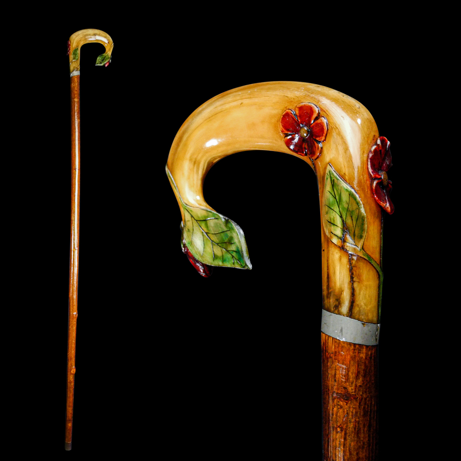 A Decorative Carved Floral Horn Walking Cane C. 20th Century.
