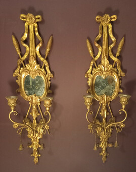 Antique Pair of Continental Mirrored Gilt-wood Girondal Sconces