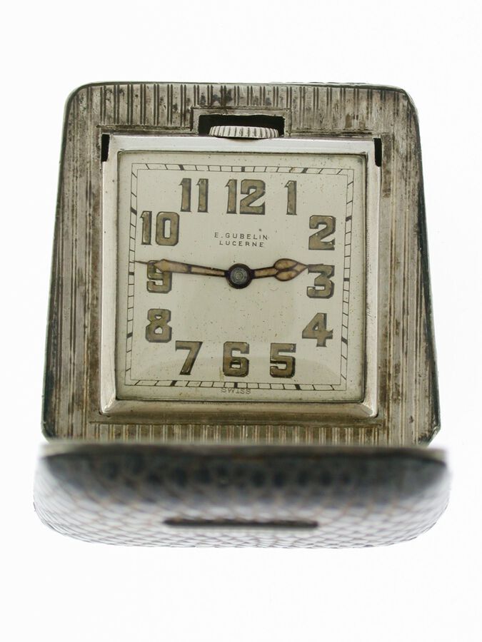 Antique Antique Gubelin Silver 0.935 Eterna Travelling Clock in Original Pouch