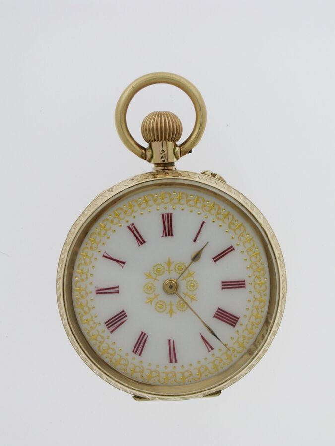 14 Kt Gold Red Numerals Open Face Pretty Dial Pocket Watch Swiss 1900