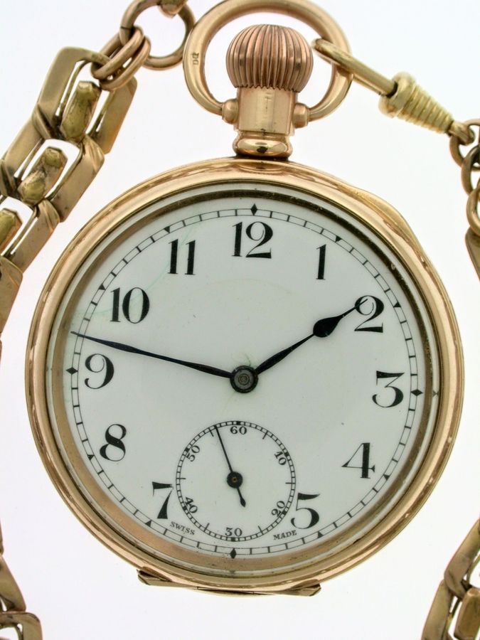 Antique Antique Gold-Filled Open Face Pocket Watch  with Gold Filled Chain