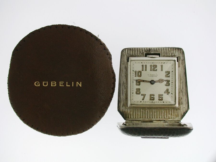Antique Antique Gubelin Silver 0.935 Eterna Travelling Clock in Original Pouch