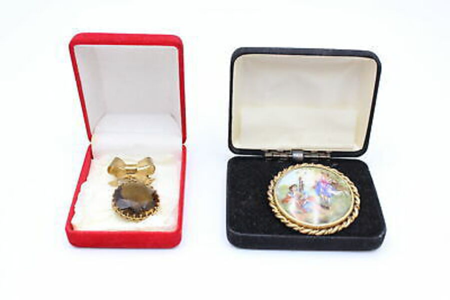 2 x Vintage ROLLED GOLD BROOCHES inc. Limoges, Boxed (37g)