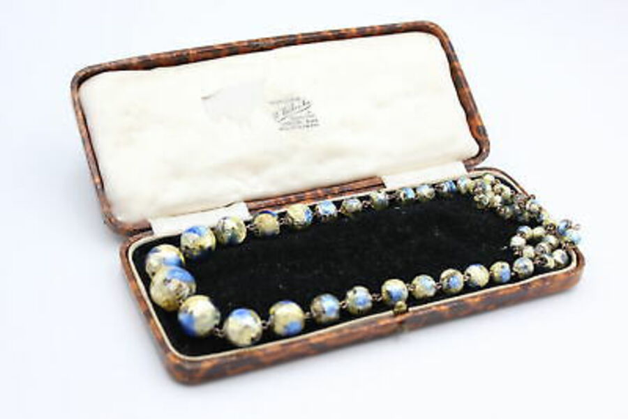 Antique FOILED GLASS Graduated NECKLACE On Chain & In Antique Box