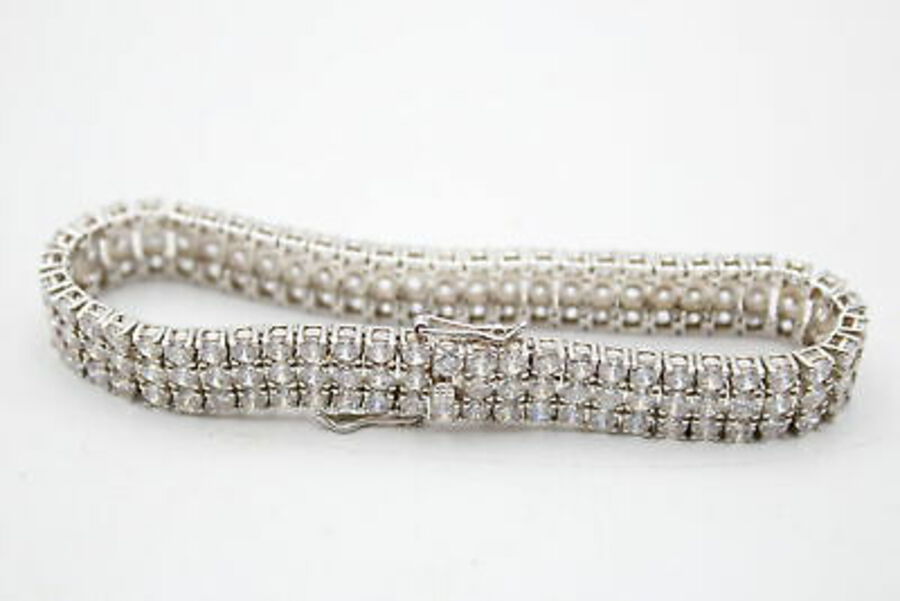 Lovely .925 Sterling Silver Gemstone Triple Row Bracelet 19cm (23g)