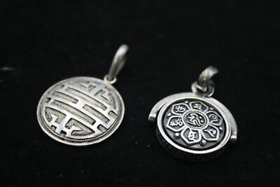2 x .925 Sterling Silver PENDANTS inc. Spinning Buddhist Mantra, Happiness (16g)