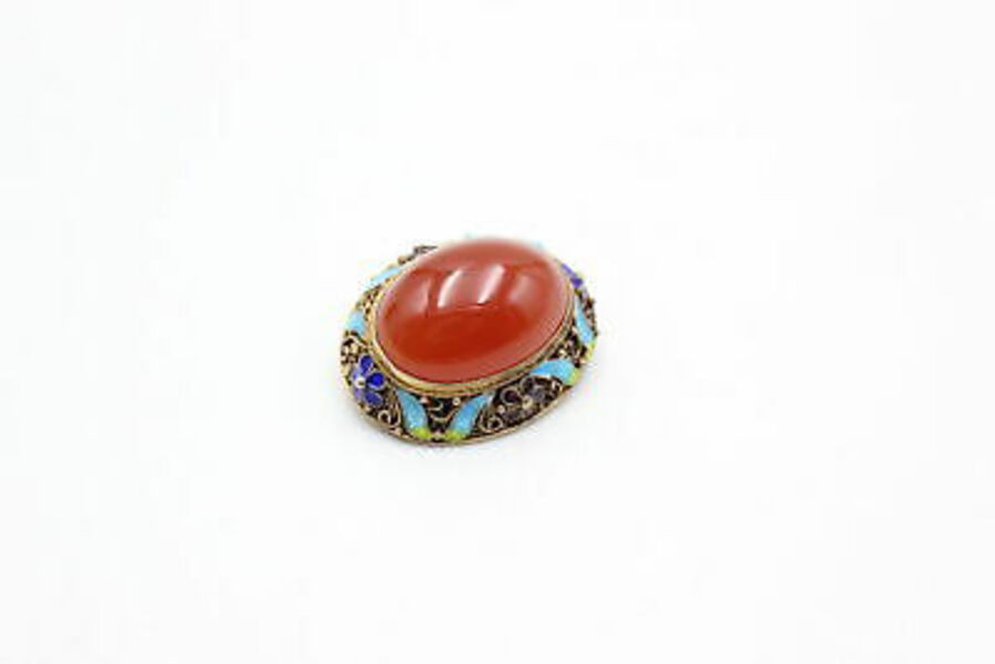 .925 Sterling Silver Chinese Export Carnelian BROOCH w/ Enamel Details (11g)