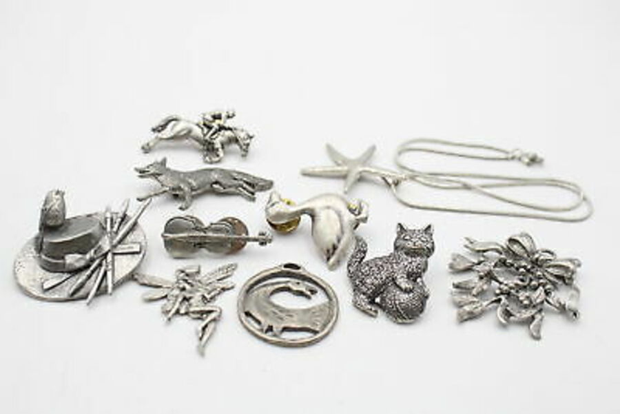 10 x Vintage PEWTER Jewellery inc. Aitkens, St Justin, Pageant, A R Brown, Birds
