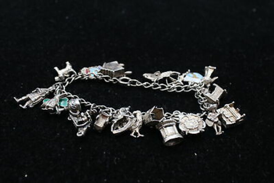 .925 Sterling Silver Charm Bracelet w/ Animal, Souvenir, Figure, Clock (49g)