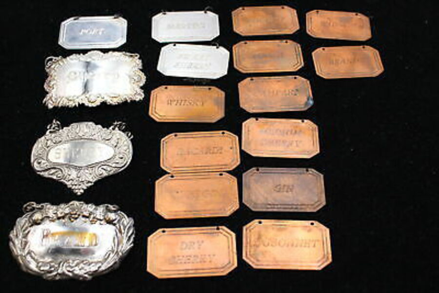 18 x Vintage BREWERIANA Decanter Labels Inc. Matching, Whisky, Sherry, Copper