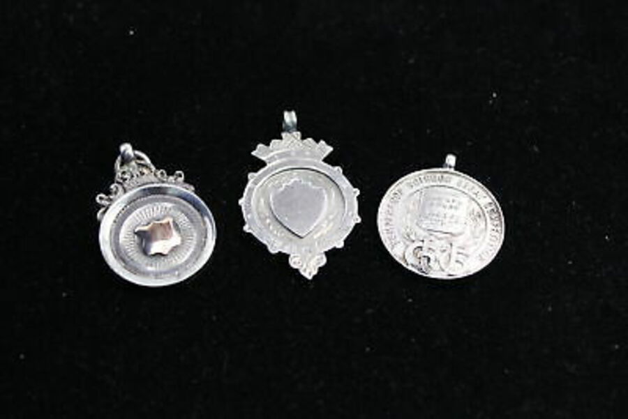 3 x Antique / Vintage Hallmarked .925 STERLING SILVER Fobs / Medallions (27g)