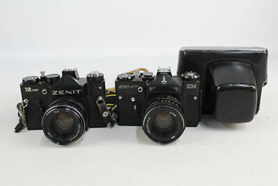 2 x SLR FILM CAMERAS Inc. Zenit 12XP & Zenit EM w/ Helios Lenses & Cases WORKING