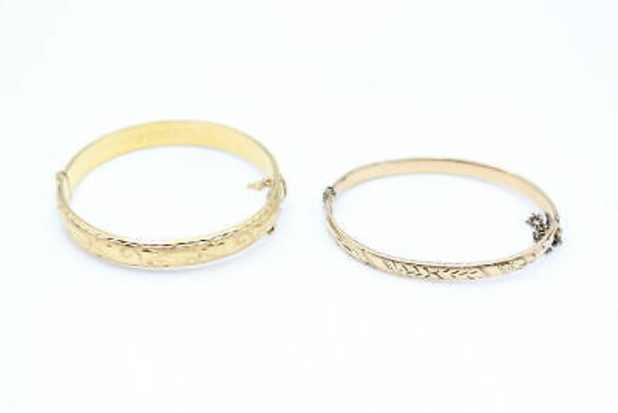 2 x Vintage ROLLED GOLD BANGLES w/ Safety Chains, Scrolling Design (18g)