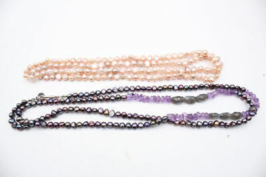 2 x .925 Sterling Silver Clasped PEARL NECKLACES inc. Flapper, Amethyst (140g)