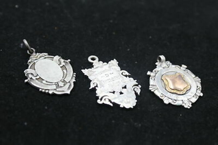 3 x Antique / Vintage Hallmarked .925 STERLING SILVER Fobs / Medallions (21g)