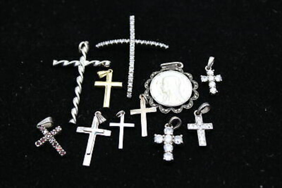 11 x .925 Sterling Silver Religious PENDANTS inc. Cross, Marcasite, MOP (22g)