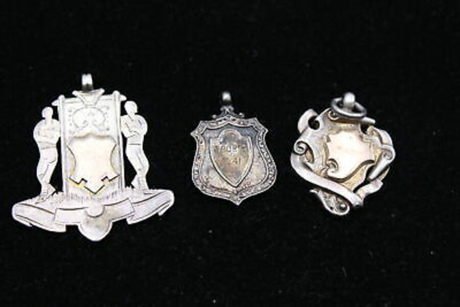3 x Antique / Vintage Hallmarked .925 STERLING SILVER Fobs / Medallions (31g)