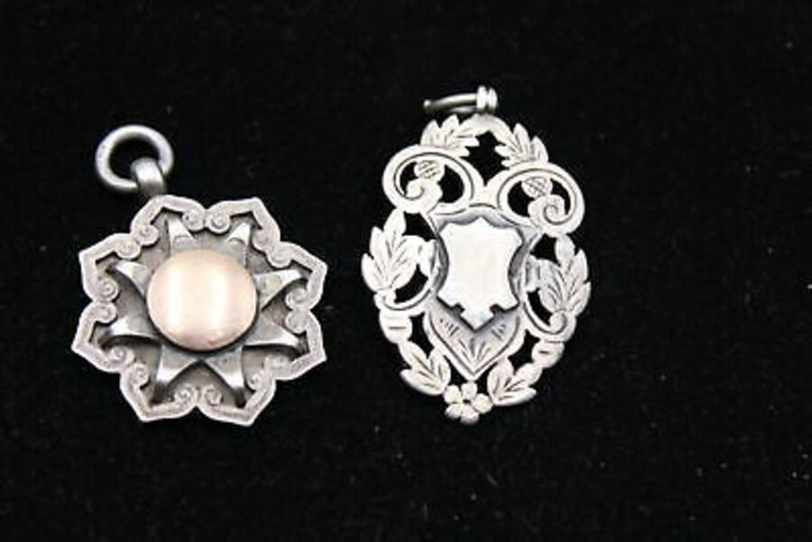 2 x Antique / Vintage Hallmarked .925 STERLING SILVER Fobs / Medallions (33g)