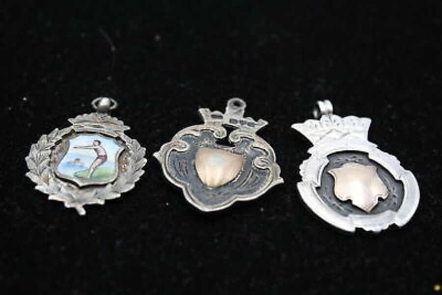 3 x Antique / Vintage Hallmarked .925 STERLING SILVER Fobs / Medallions (26g)