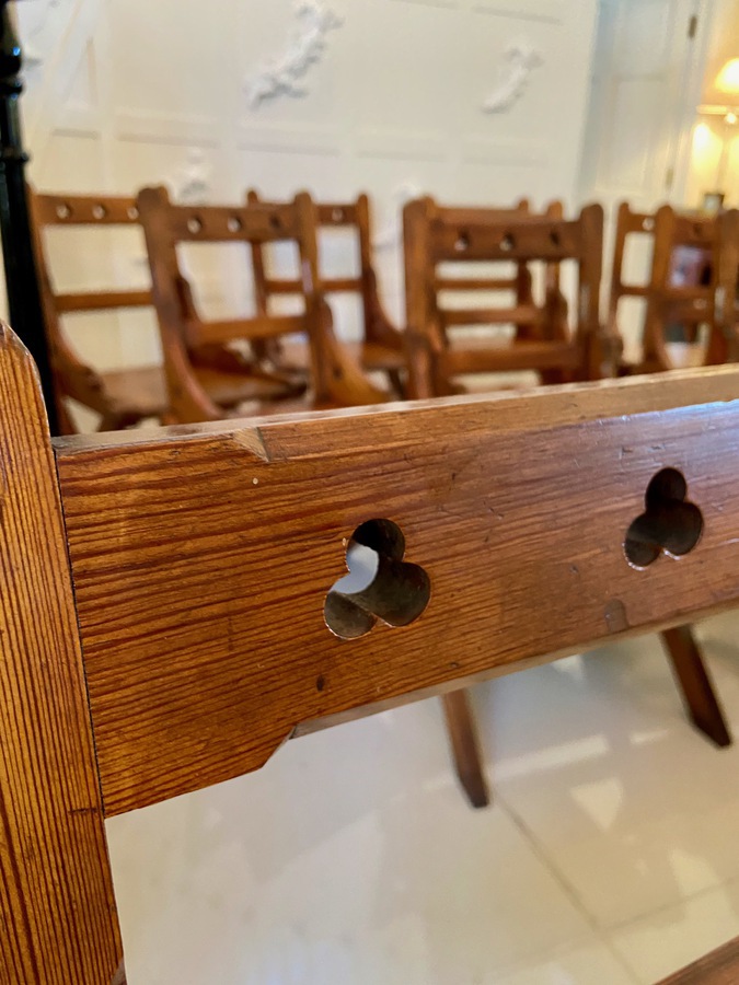 Antique Unusual Antique Set of Twelve Gothic Pitch Pine Dining Chairs