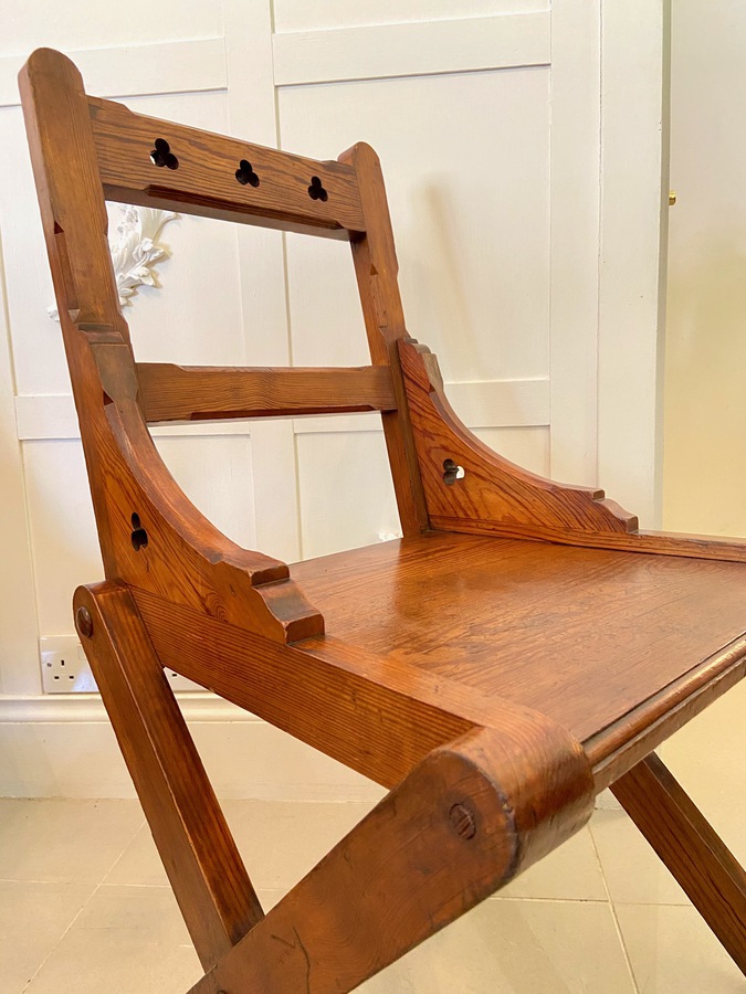 Antique Unusual Antique Set of Twelve Gothic Pitch Pine Dining Chairs