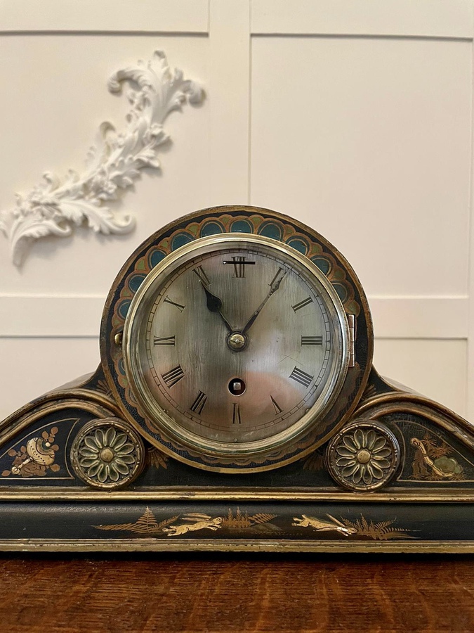 Antique Antique Lacquered Chinoiserie Decorated Mantel Clock