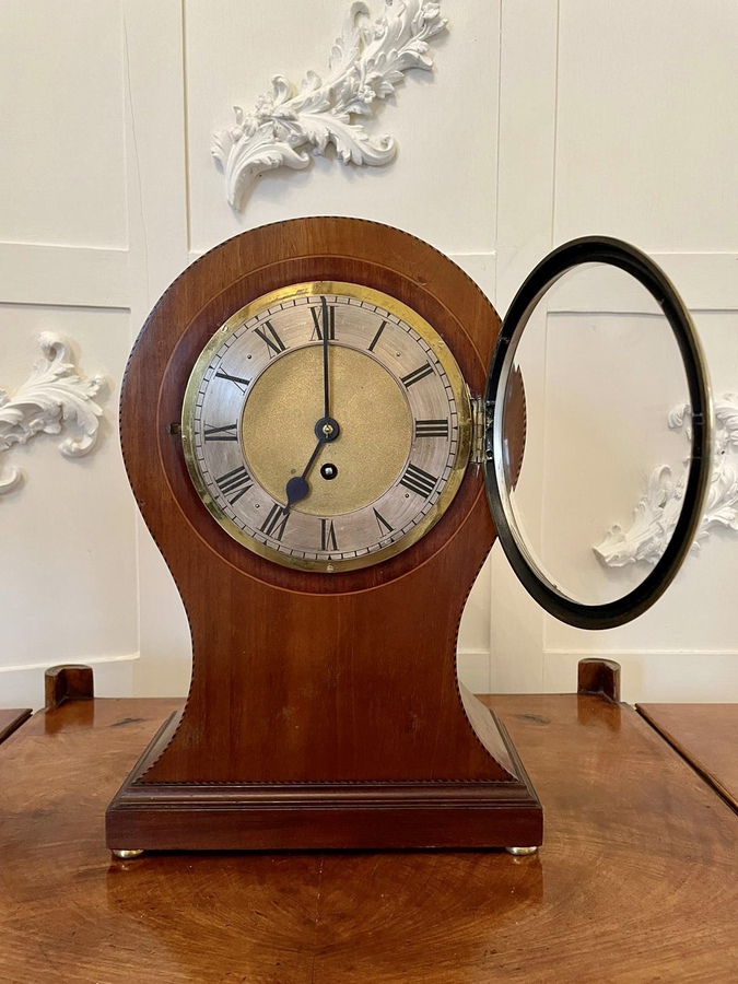 Antique  Large Antique Edwardian Inlaid Mahogany Balloon Shaped Mantel Clock