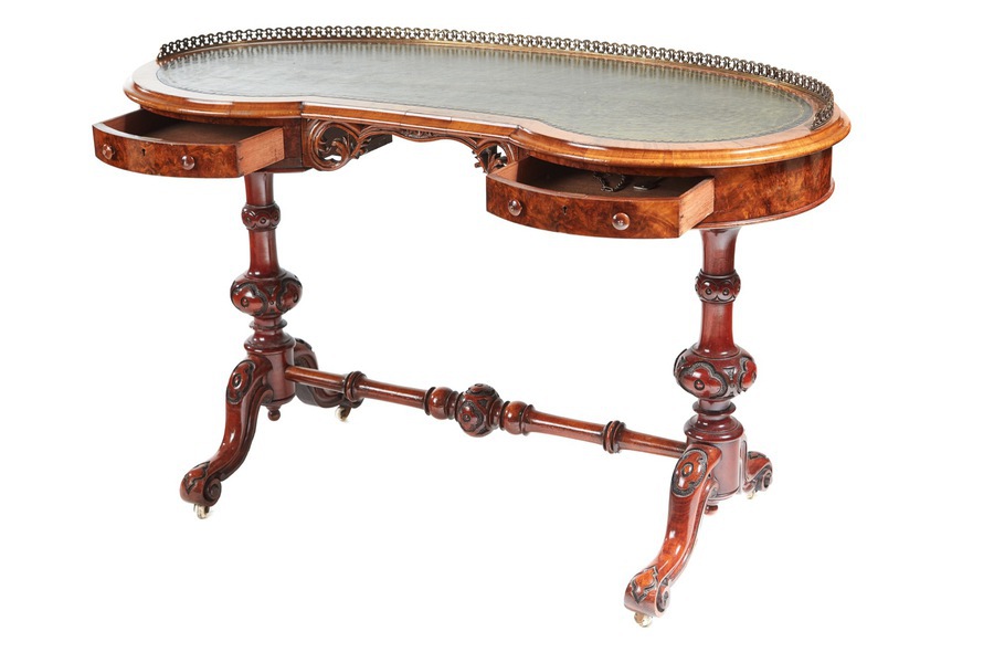 Antique Fine Burr Walnut Kidney Shaped Writing Desk Table