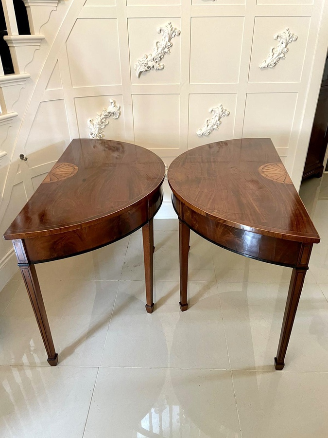 Antique Fine Pair of George lll Inlaid Mahogany Demi-lune Console Tables