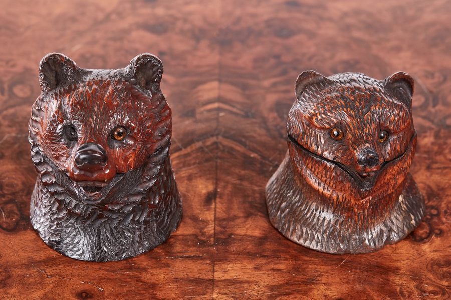 Pair of Antique Carved Black Forest Bear Inkwell