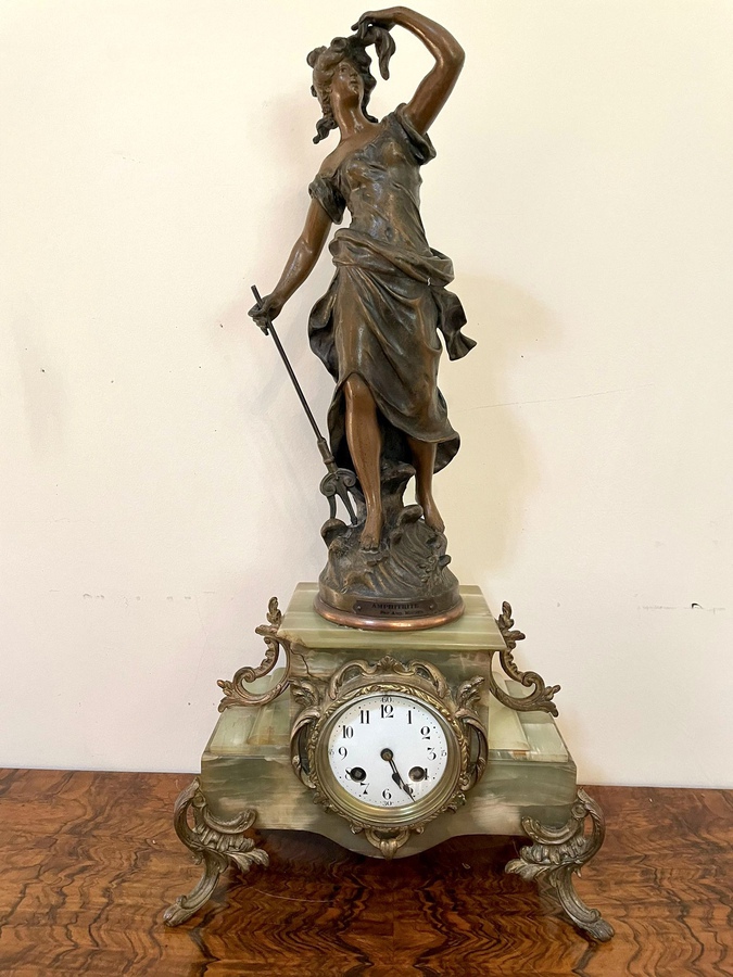 Antique Antique 19th century French spelter and onyx three piece clock garniture