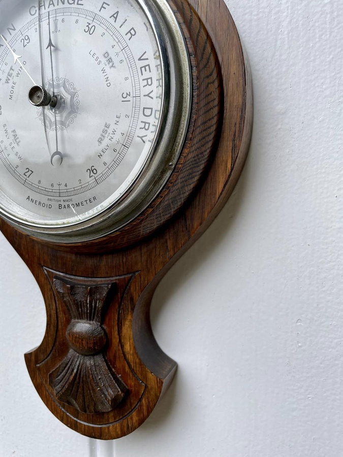 Antique   Small Antique Carved Oak Barometer 