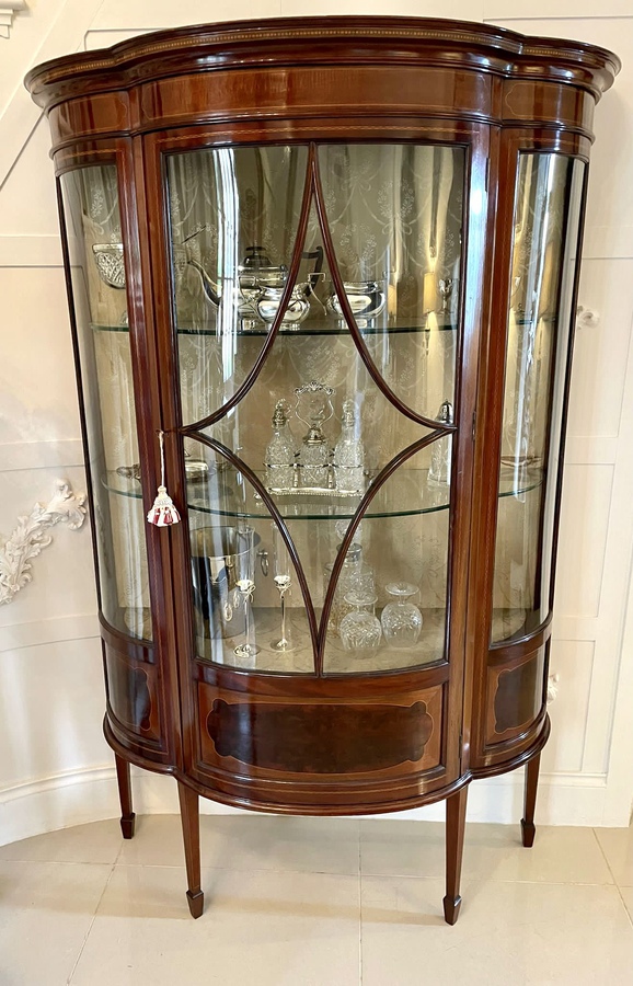 Antique  Fine Quality Antique Edwardian Inlaid Mahogany Shaped Display Cabinet 