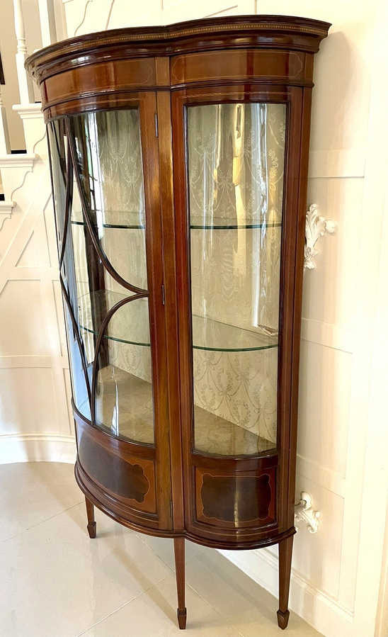 Antique  Fine Quality Antique Edwardian Inlaid Mahogany Shaped Display Cabinet 