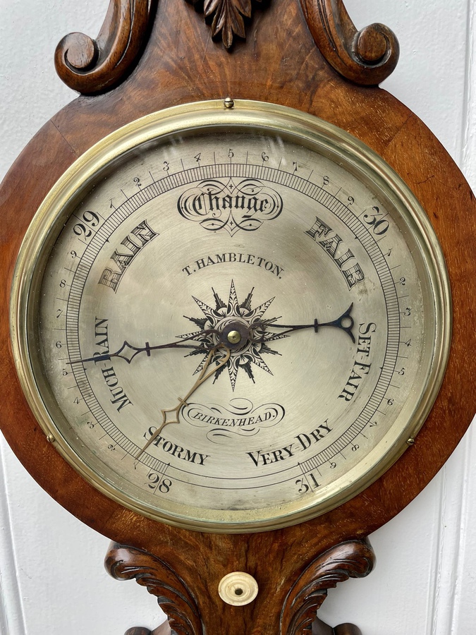Antique Quality Antique Victorian Burr Walnut Carved Banjo Barometer 