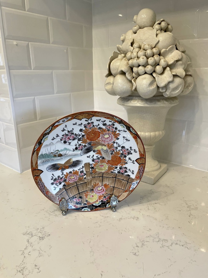 Antique Large Quality Antique Kutani Hand Painted Shallow Bowl Signed Shozo