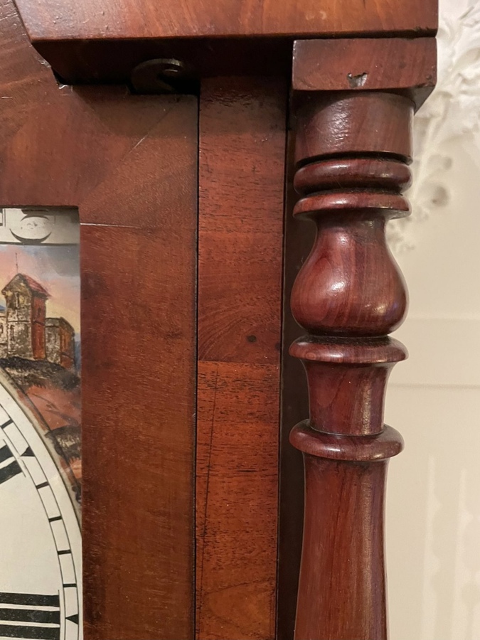 Antique Outstanding Quality Antique Victorian Figured Mahogany Grandfather Clock with Painted Arched Dial and Moon Roller