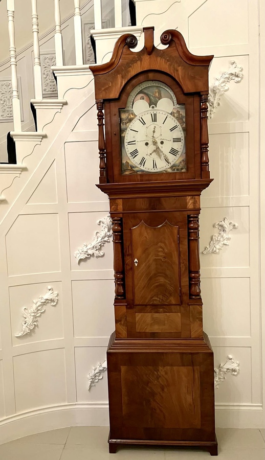 Antique Outstanding Quality Antique Victorian Figured Mahogany Grandfather Clock with Painted Arched Dial and Moon Roller
