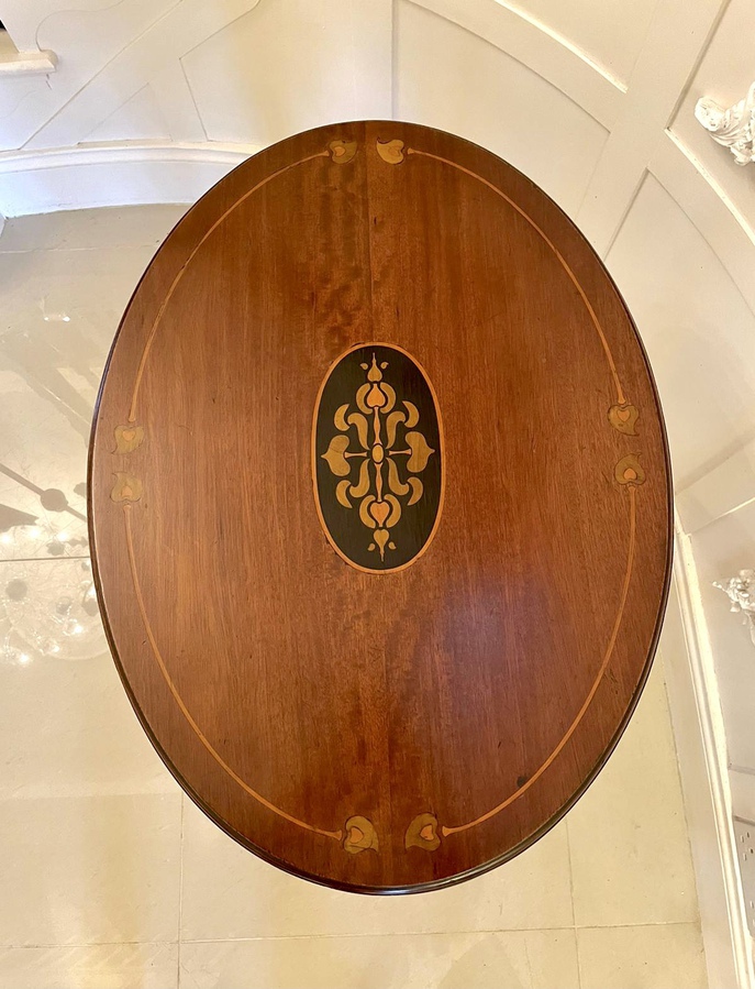 Antique  Quality Antique Art Nouveau Inlaid Mahogany Oval Lamp Table 
