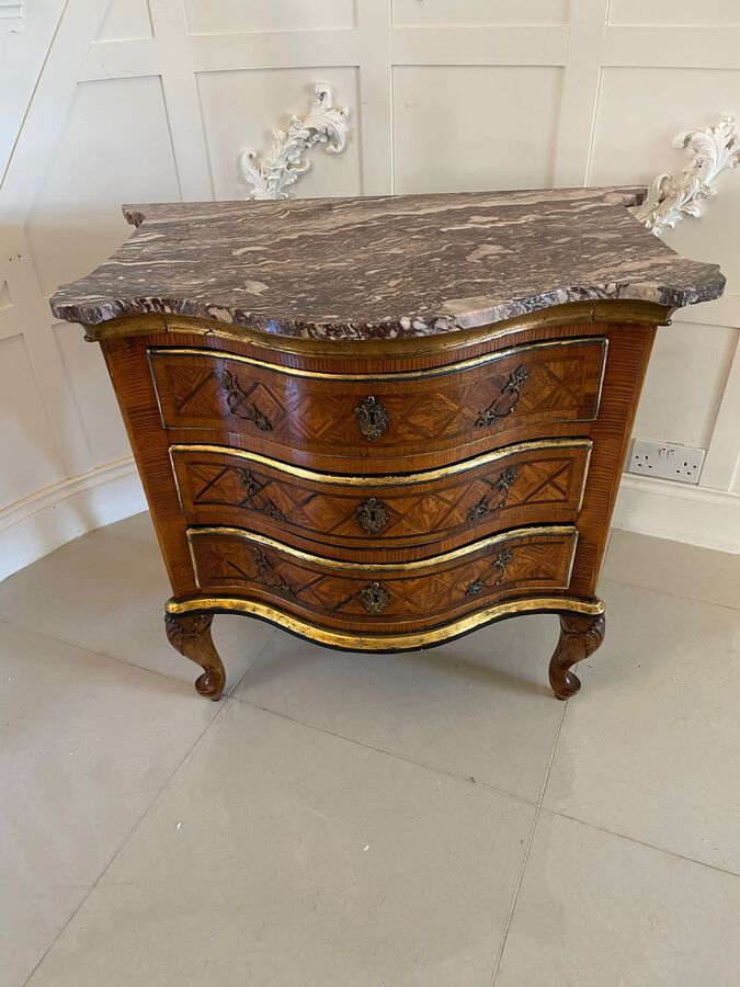 Antique 18th Century Quality Parquetry Inlaid Serpentine Shaped Marble Top Commode Chest  ref: 11...