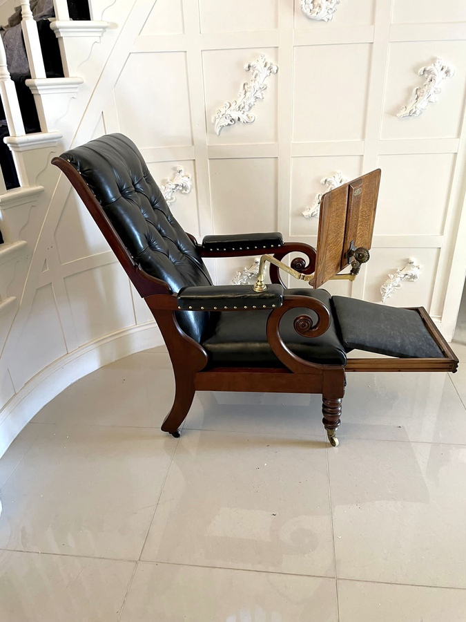 Antique Unusual Antique William IV Quality Mahogany and Leather Reclining Library Chair ref: 1169
