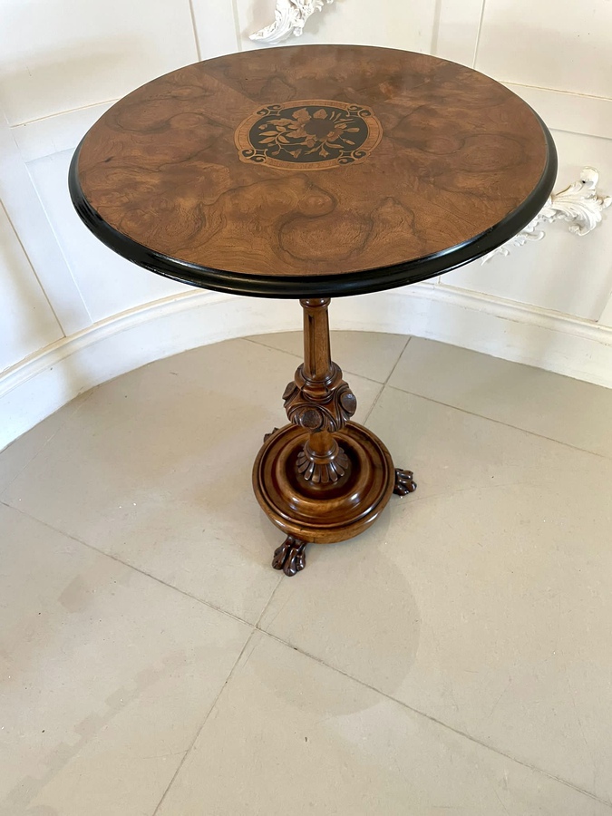 Antique Antique Victorian Quality Carved and Marquetry Inlaid Burr Walnut Circular Lamp Table  ref: 1165