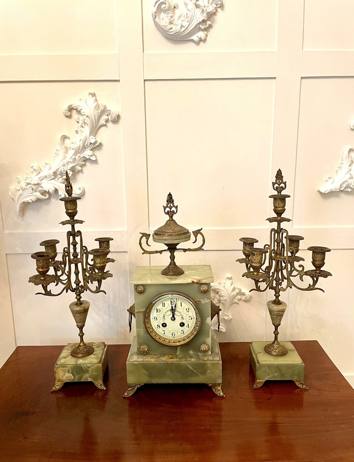 Antique Victorian Quality Green Onyx Ornate Clock Garniture REF:199C