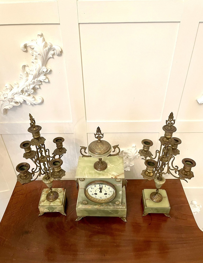 Antique Antique Victorian Quality Green Onyx Ornate Clock Garniture REF:199C 