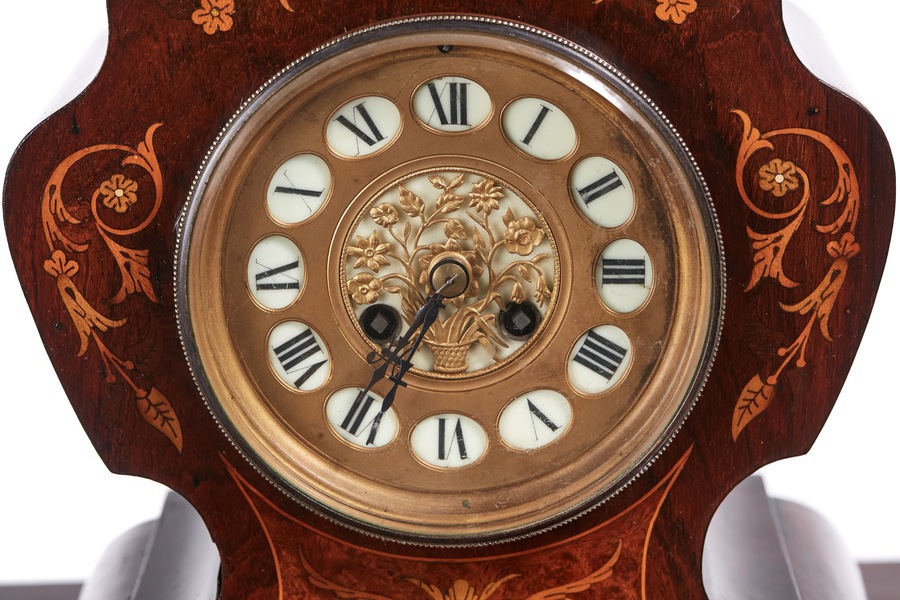 Antique  19th Century French Antique Rosewood Marquetry Inlaid 8 day Mantel Clock REF:213