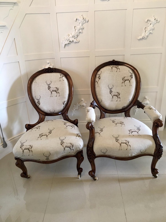 Antique  Fine Pair of Antique Victorian Carved Walnut Chairs REF:444