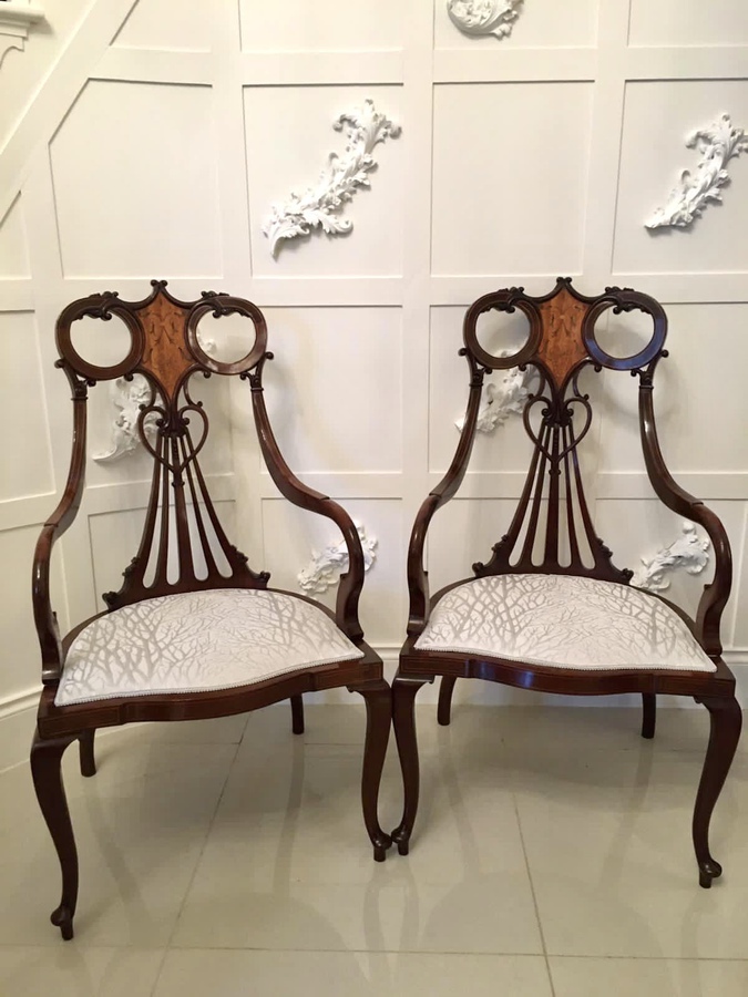 Outstanding Pair of 19th Century Victorian Antique Mahogany Inlaid Armchairs REF:558