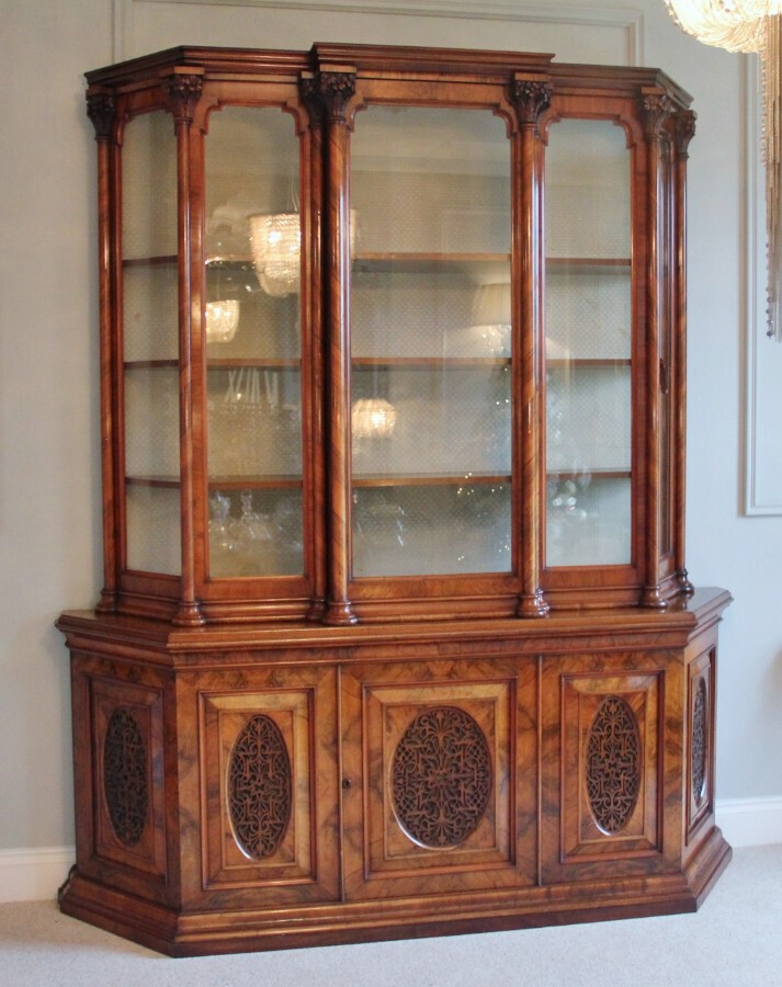 Magnificent Exhibition Quality Victorian Burr Walnut Carved Breakfront Display Cabinet